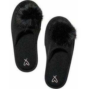 Victoria's Secret Black Pom Pom Slippers Knit Fabric House Shoes Medium NEW